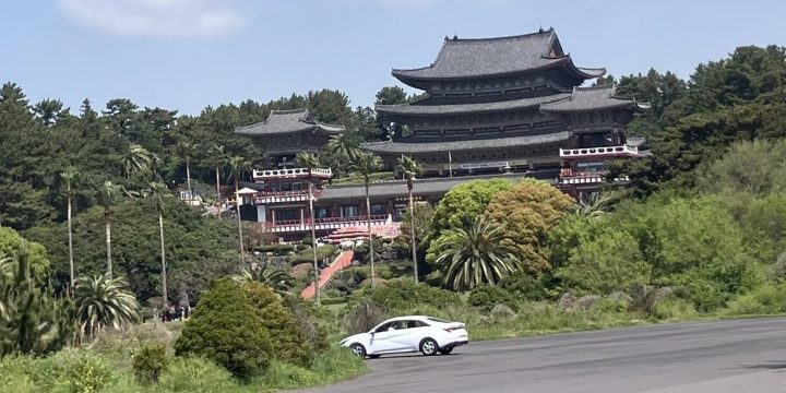Rental car in front of Temple